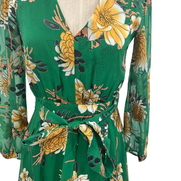 Alice + Olivia Coco Dress Floral Print Long Sleeve Silk Green Size US 2 - Picture 4 of 16